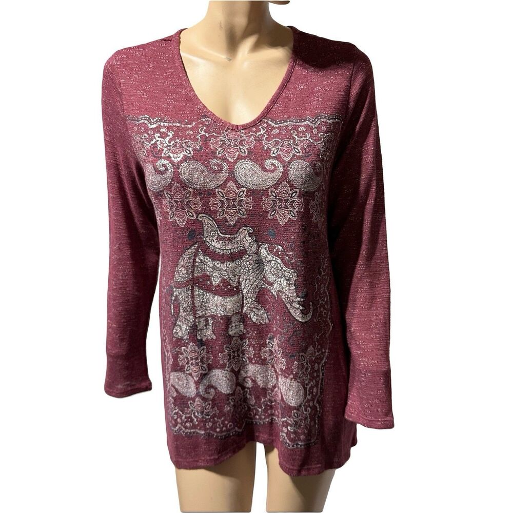 Cato C Est 1846 Elephant Top Tunic Women's Size M Long Sleeve Lace Back NWT
